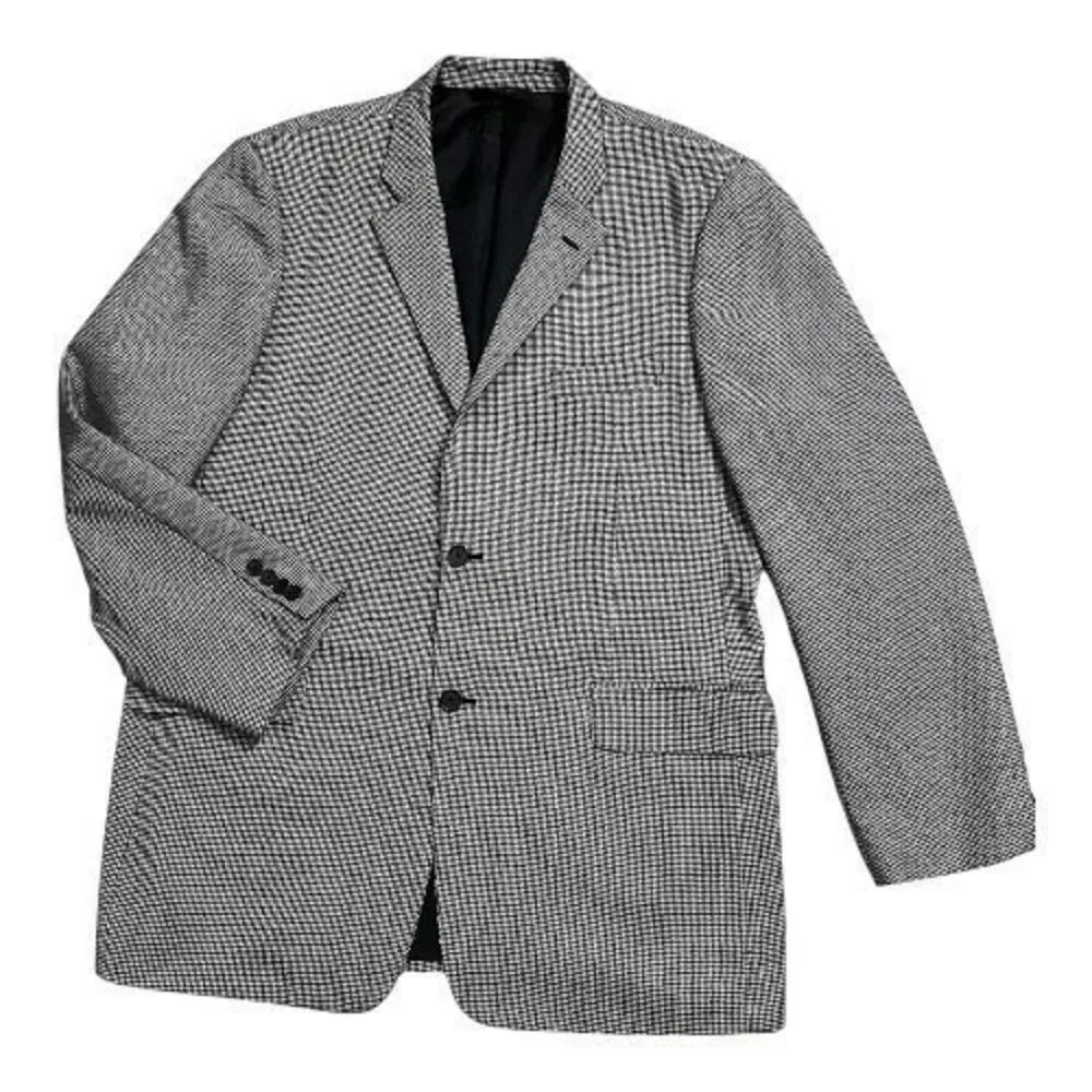 John W Nordstrom Blazer 100% Wool Black Grey Houndstooth Men 46L Two-Button